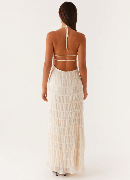 Harmony | Front-Pleated Lace Trim Halter Bridesmaid Dress