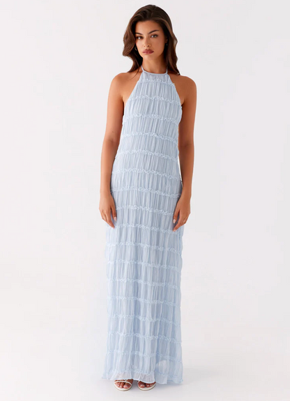 Harmony | Front-Pleated Lace Trim Halter Bridesmaid Dress