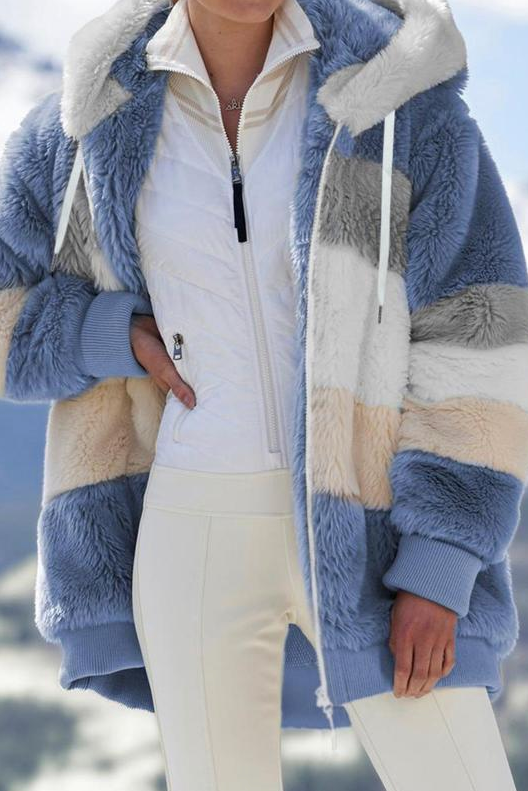 Women's Oversized Teddy Jacket Striped Hooded Faux Fur Coat