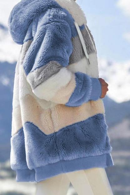 Women's Oversized Teddy Jacket Striped Hooded Faux Fur Coat