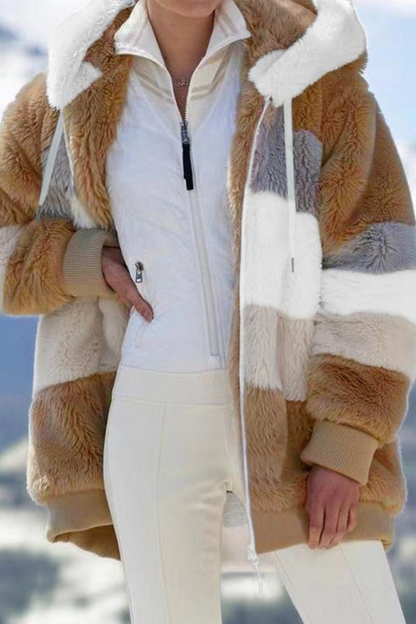 Women's Oversized Teddy Jacket Striped Hooded Faux Fur Coat
