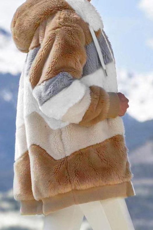 Women's Oversized Teddy Jacket Striped Hooded Faux Fur Coat