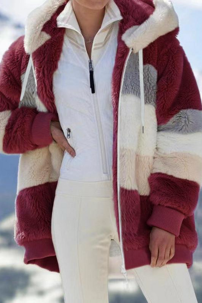 Women's Oversized Teddy Jacket Striped Hooded Faux Fur Coat
