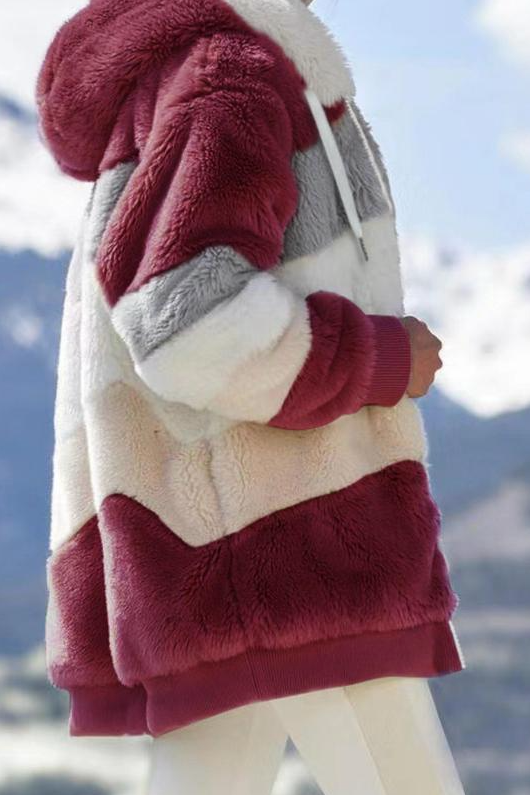 Women's Oversized Teddy Jacket Striped Hooded Faux Fur Coat