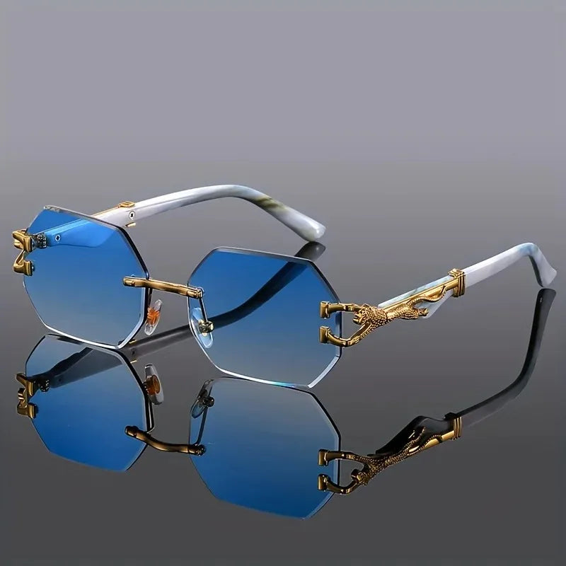 Women's Rimless Geometric Sunglasses with Sculptural Gold Panther Hardware Detail