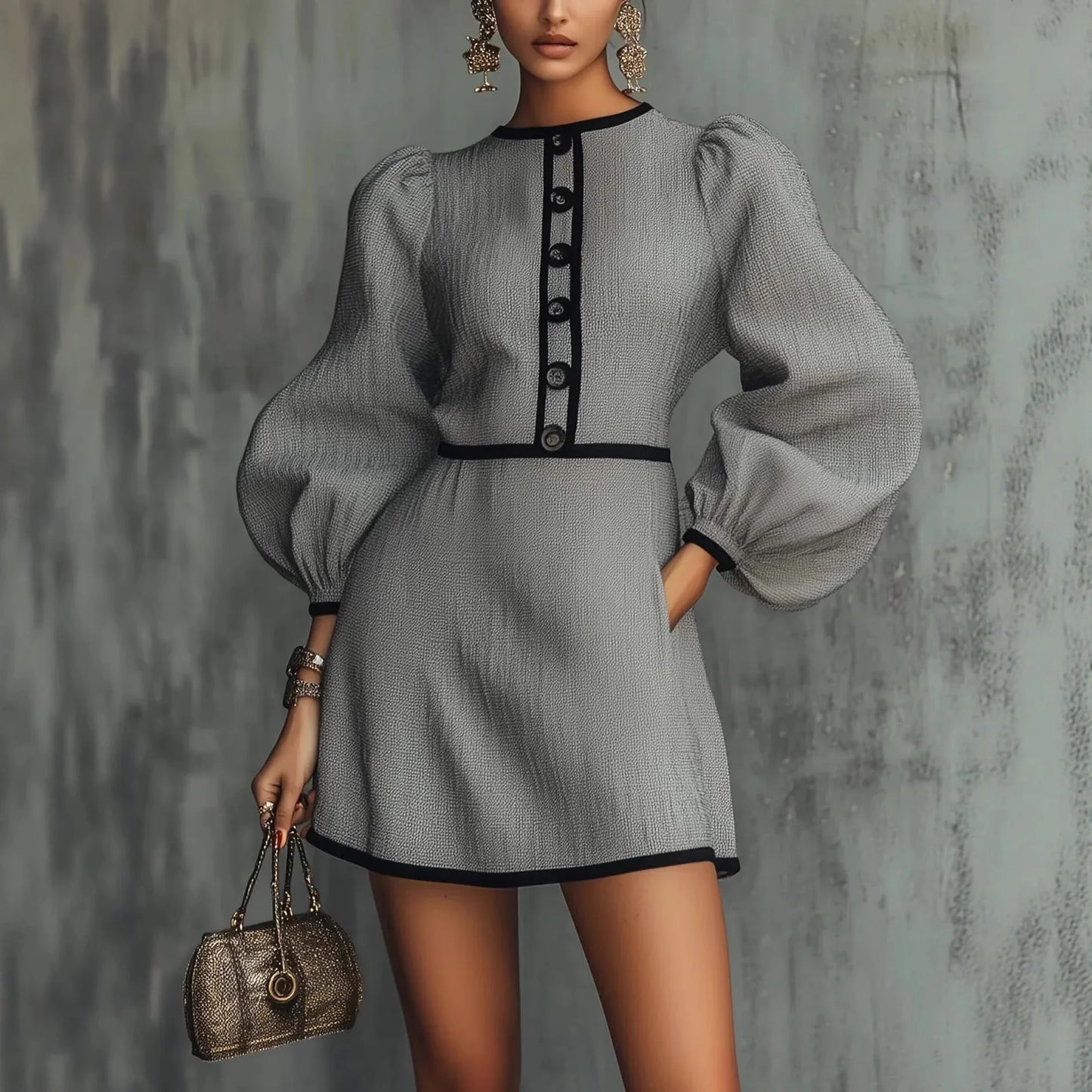 Women's Mini Dress Lantern Sleeve Button Front Contrast Trim A-Line Shift