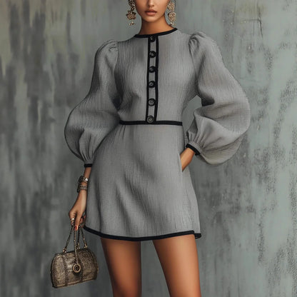 Women's Mini Dress Lantern Sleeve Button Front Contrast Trim A-Line Shift