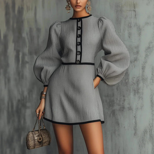 Women's Mini Dress Lantern Sleeve Button Front Contrast Trim A-Line Shift