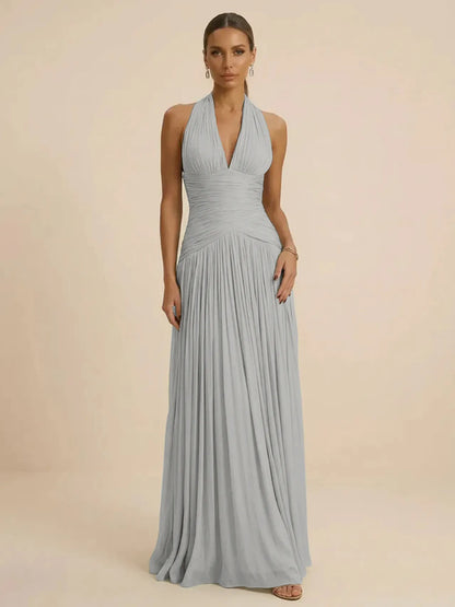 Sage | Halter Neck Pleated Ruched Chiffon Summer Wedding Guest Dress