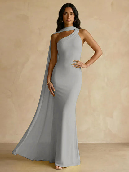 Capey | One Shoulder Crepe Sheath Chiffon Bridesmaid Dress