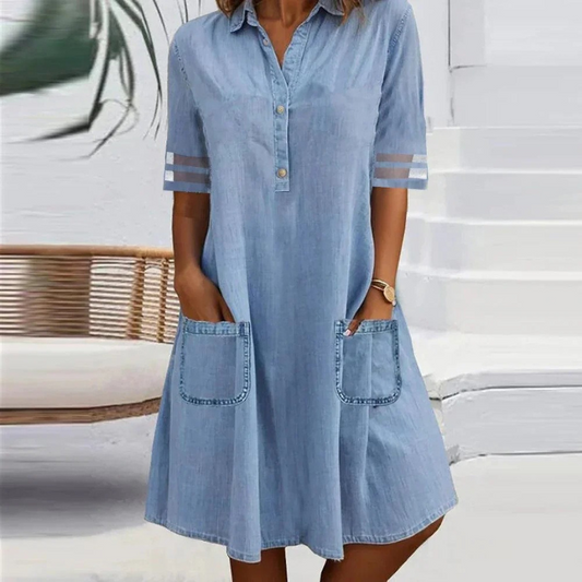 Willow | Denim-Sleeve Patch Pocket Short Summer Dress