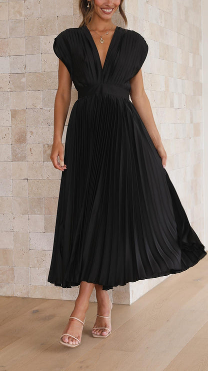 Megan | Women's V Neck Front-Pleated Wedding Guest Midi Dress