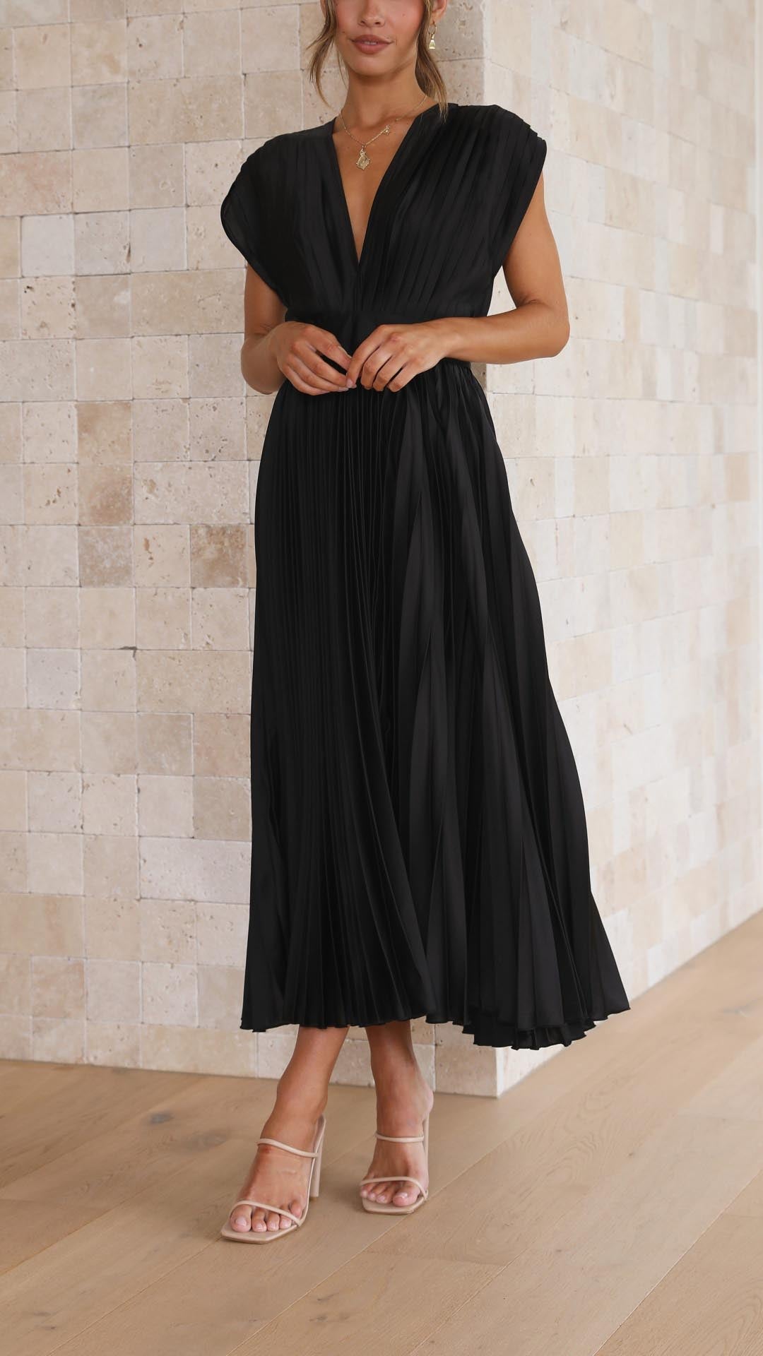 Megan | Women's V Neck Front-Pleated Wedding Guest Midi Dress