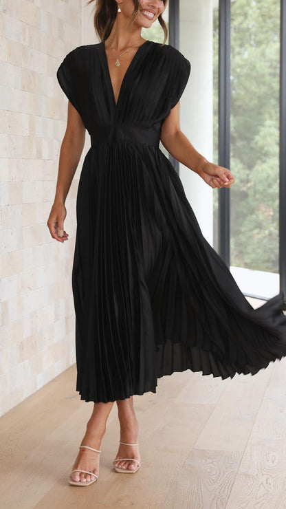 Megan | Women's V Neck Front-Pleated Wedding Guest Midi Dress