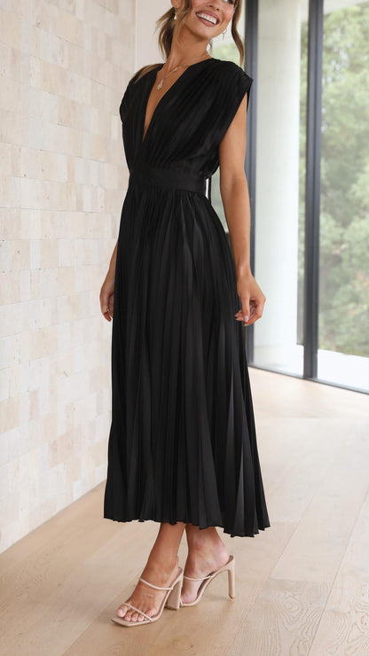 Megan | Women's V Neck Front-Pleated Wedding Guest Midi Dress