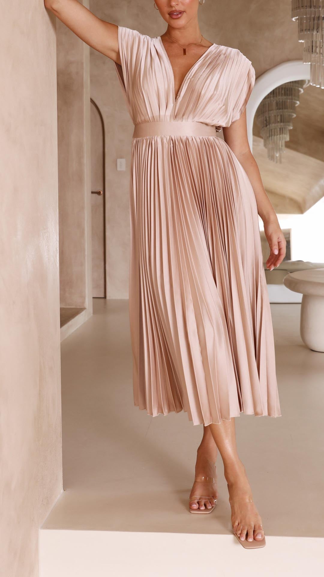 Megan | Women's V Neck Front-Pleated Wedding Guest Midi Dress