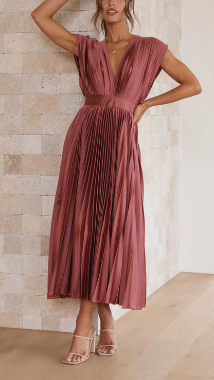 Megan | Women's V Neck Front-Pleated Wedding Guest Midi Dress