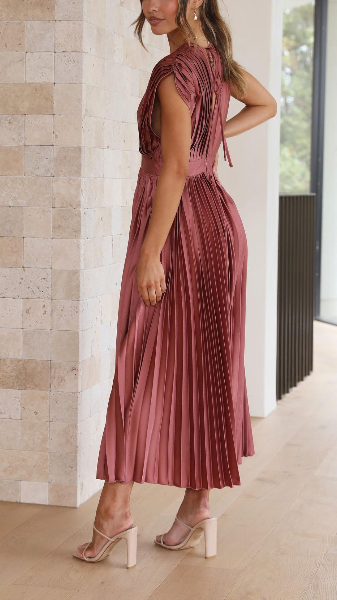 Megan | Women's V Neck Front-Pleated Wedding Guest Midi Dress