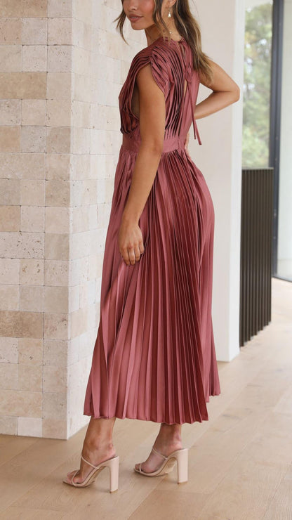 Megan | Women's V Neck Front-Pleated Wedding Guest Midi Dress