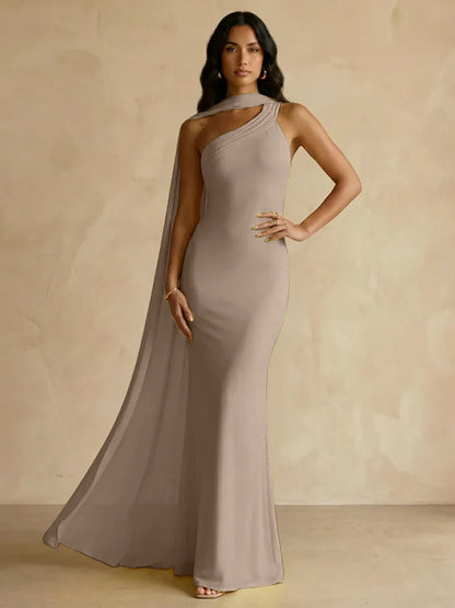 Capey | One Shoulder Crepe Sheath Chiffon Bridesmaid Dress