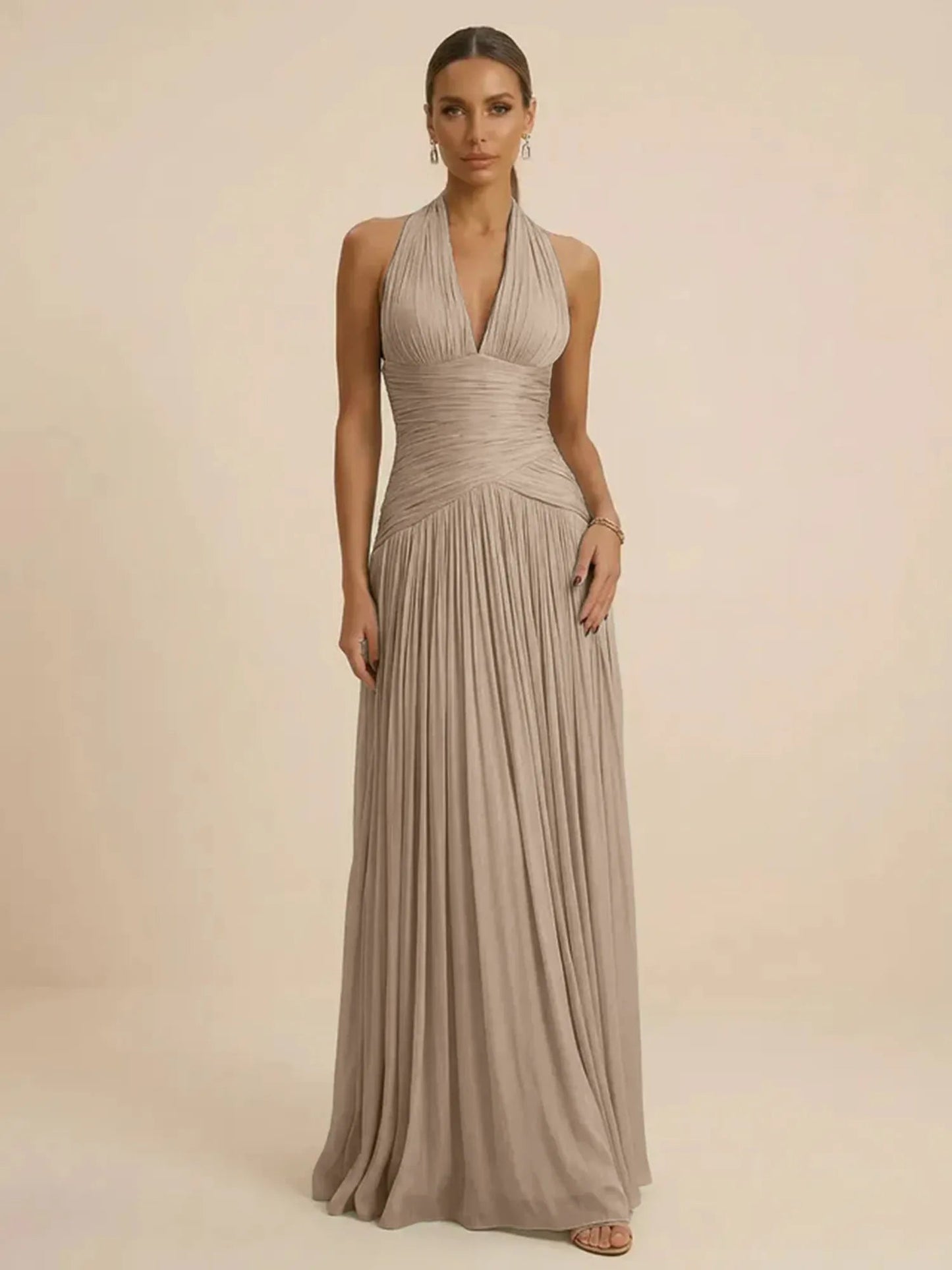 Sage | Halter Neck Pleated Ruched Chiffon Summer Wedding Guest Dress