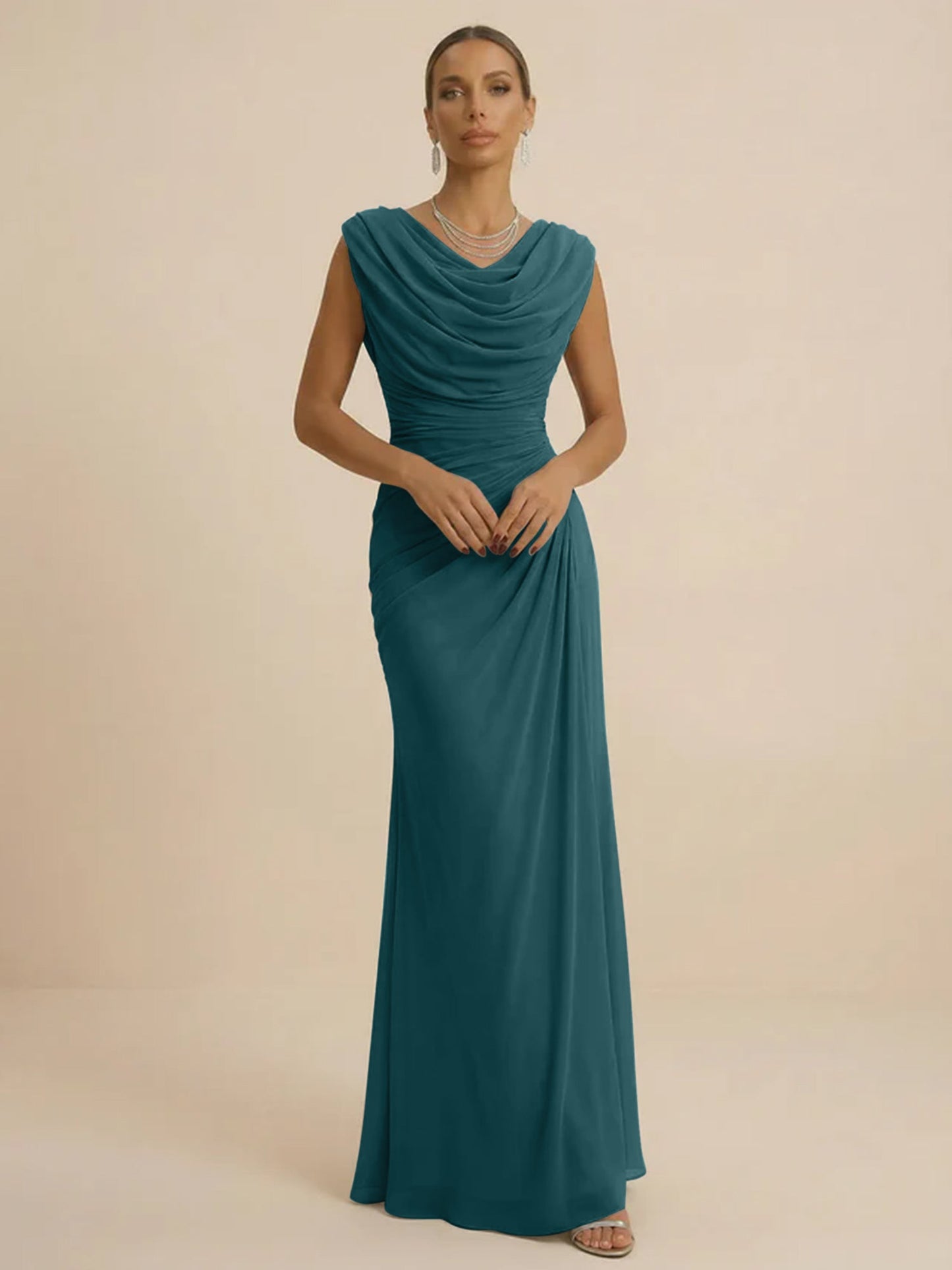 Mist | Draped Cowl Neck Ruched Chiffon Wedding Guest Dress