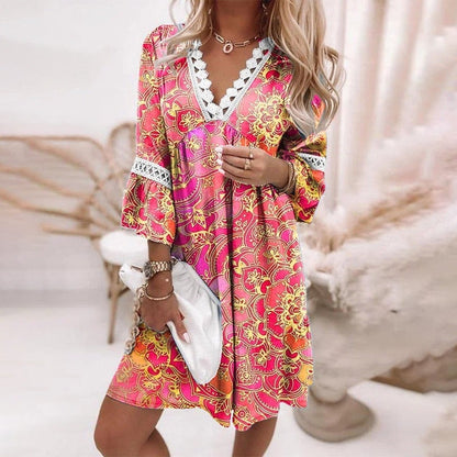 Heather | Floral Lace Trim V Neck Bohemian Summer Dress