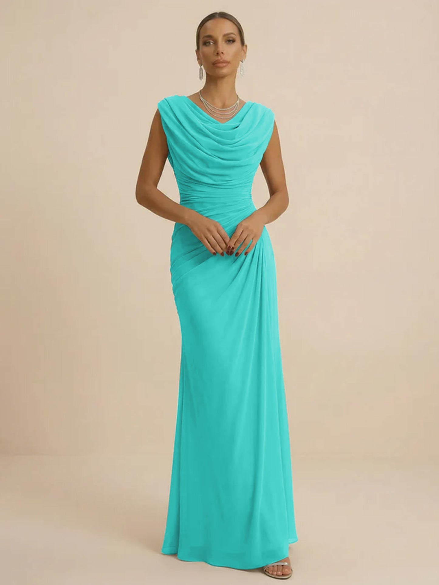 Mist | Draped Cowl Neck Ruched Chiffon Wedding Guest Dress