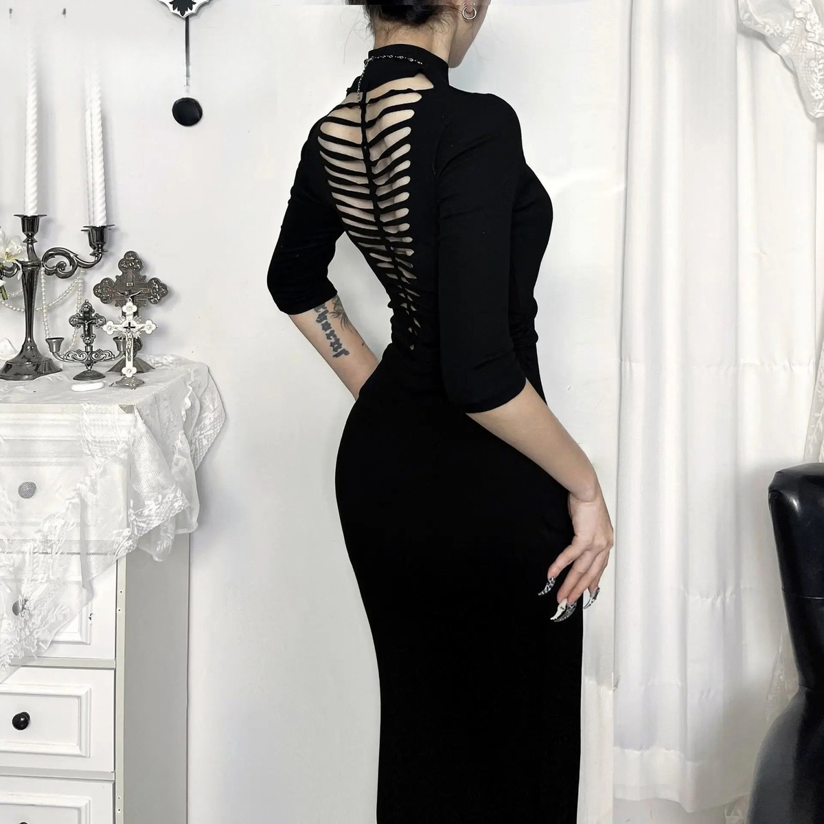 Lilith | Black Gothic High Neck Lace Bodycon Maxi Dress