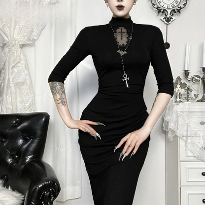 Lilith | Black Gothic High Neck Lace Bodycon Maxi Dress