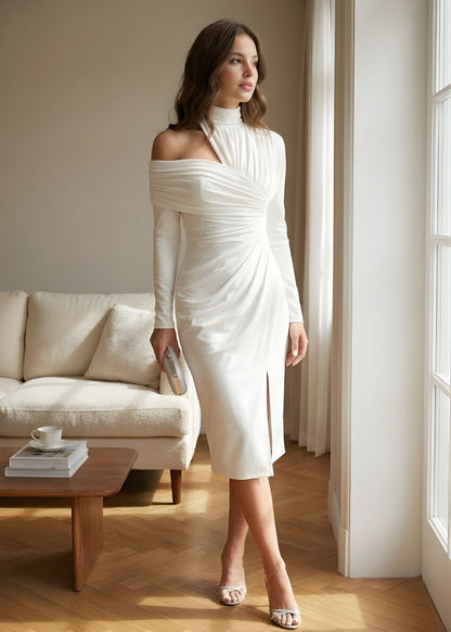 Women's Asymmetric Midi Dress with Draped One Shoulder