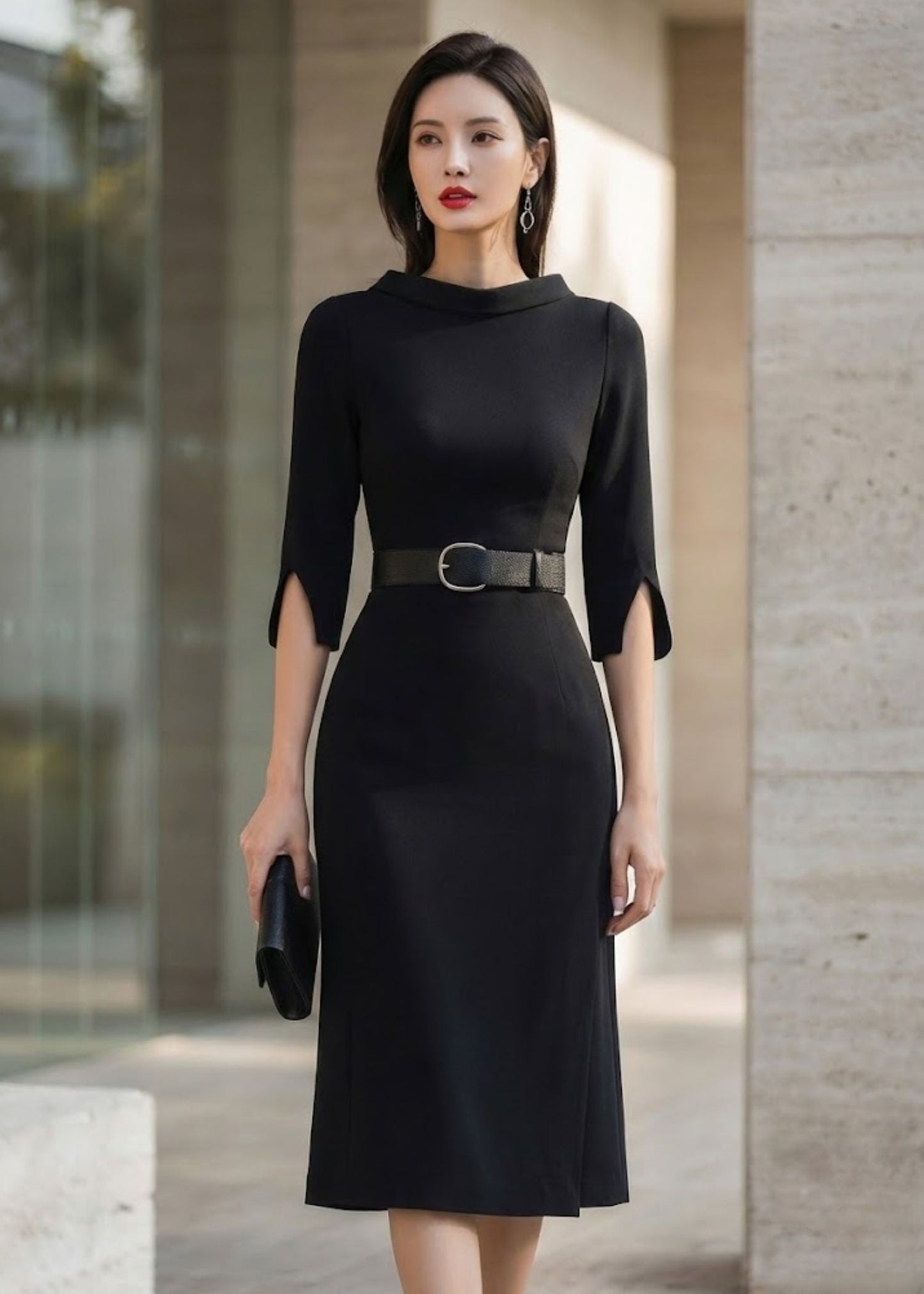 Women's Slit Sleeve Belted Midi Dress