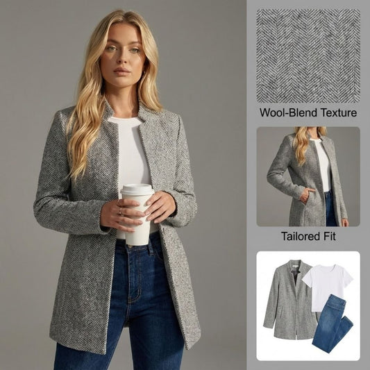 Women's Herringbone Textured Blazer Collarless Open Front Coat