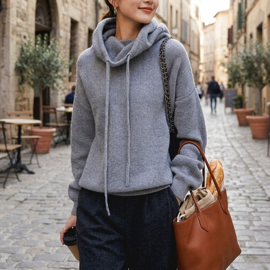 Women's Oversized Knit Jumper with Cowl Neck and Drawstring Hood