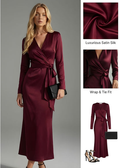 Women's Long Sleeve Satin Wrap Dress with Waist Tie Detail