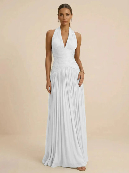 Sage | Halter Neck Pleated Ruched Chiffon Summer Wedding Guest Dress