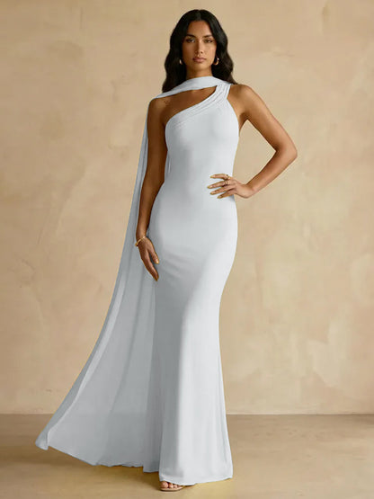 Capey | One Shoulder Crepe Sheath Chiffon Bridesmaid Dress