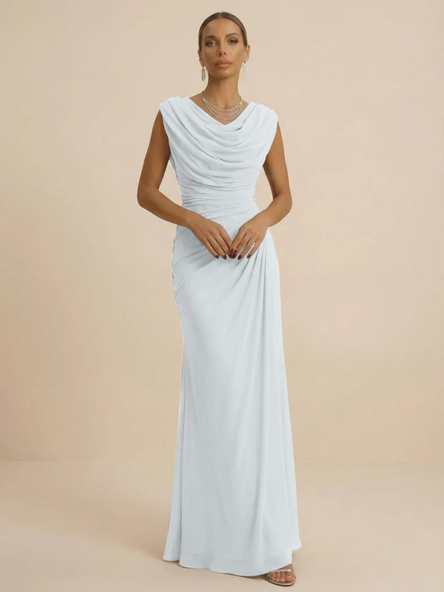 Mist | Draped Cowl Neck Ruched Chiffon Wedding Guest Dress