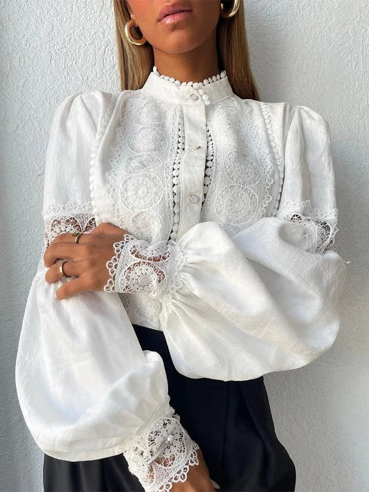 Abby | Lace-Trim Puff Sleeve Button Up Blouse