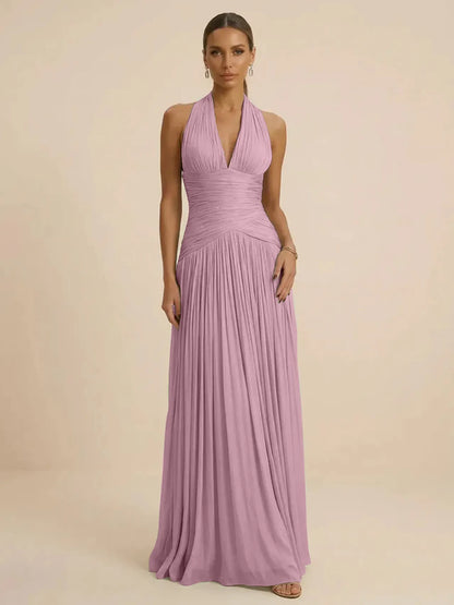Sage | Halter Neck Pleated Ruched Chiffon Summer Wedding Guest Dress