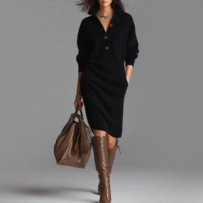 Women's Ribbed Knit Midi Dress with Spread Collar and Slim Fit