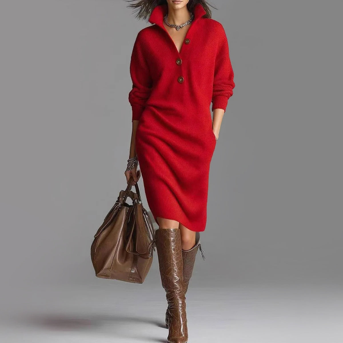 Women's Ribbed Knit Midi Dress with Spread Collar and Slim Fit