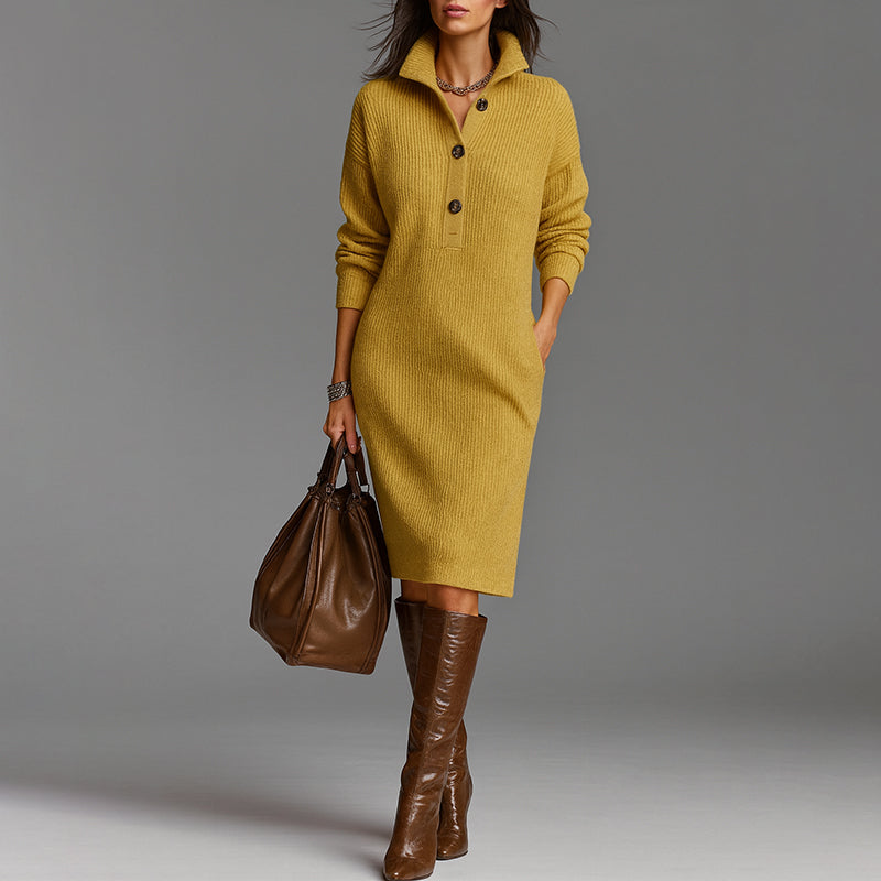 Women's Ribbed Knit Midi Dress with Spread Collar and Slim Fit
