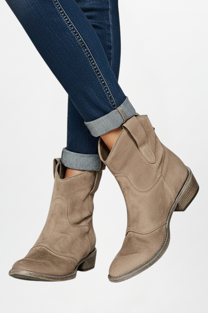 Della | Distressed Suede Western Ankle Boots with Pull Tabs