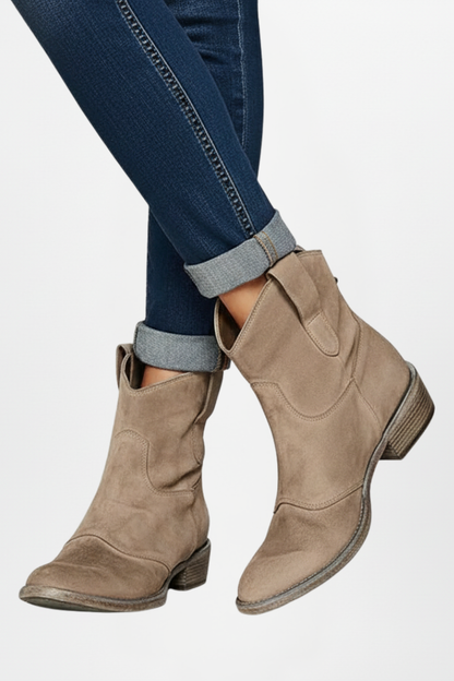Della | Distressed Suede Western Ankle Boots with Pull Tabs