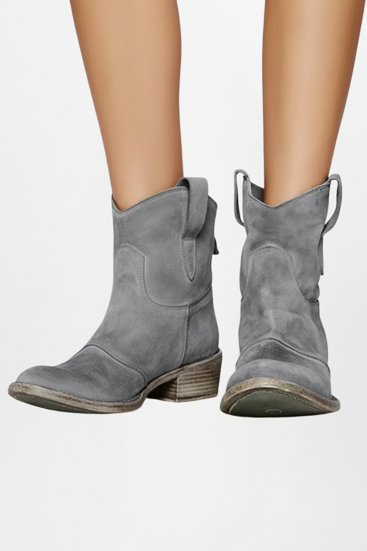 Della | Distressed Suede Western Ankle Boots with Pull Tabs