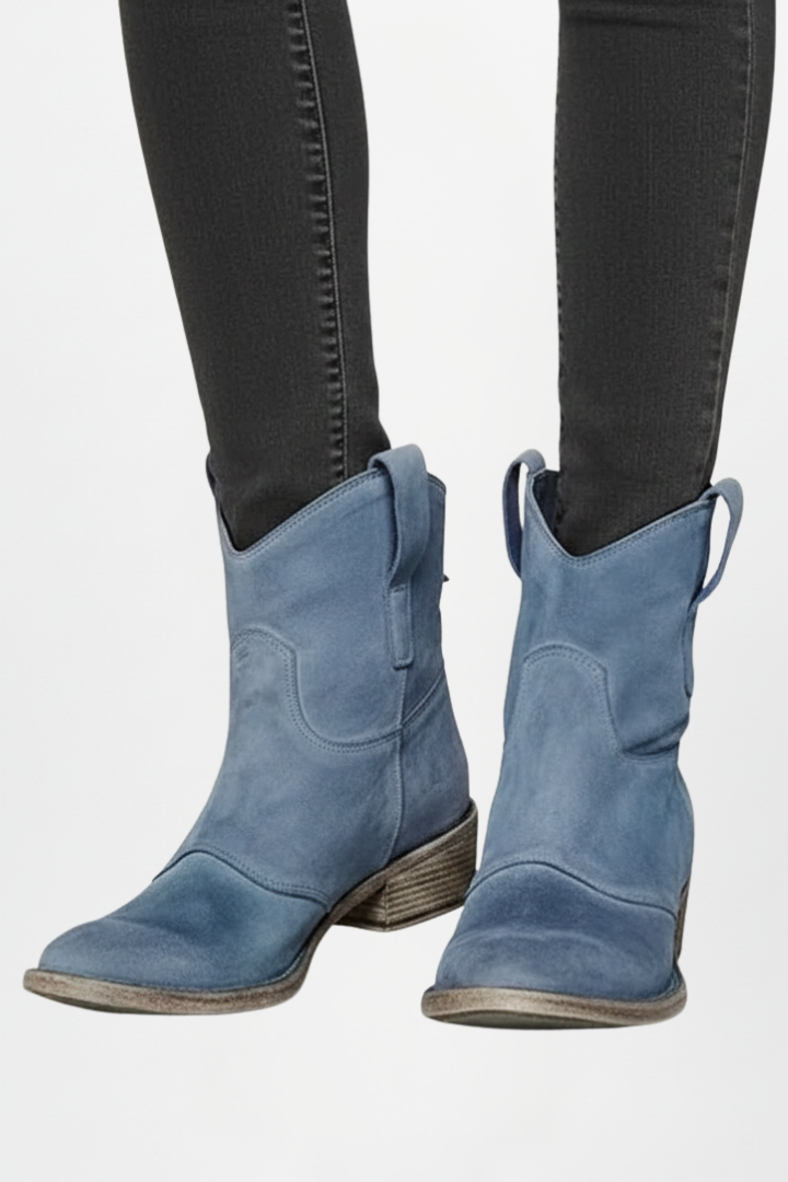 Della | Distressed Suede Western Ankle Boots with Pull Tabs