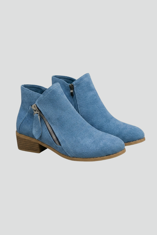 Astrid | Blue Suede Zip Ankle Boots with Block Heel