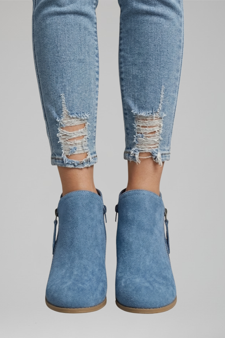 Astrid | Blue Suede Zip Ankle Boots with Block Heel