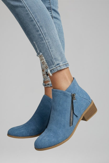 Astrid | Blue Suede Zip Ankle Boots with Block Heel